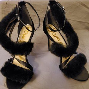 Adelle Faux Fur Ankle Strap High-Heel Sandals Black